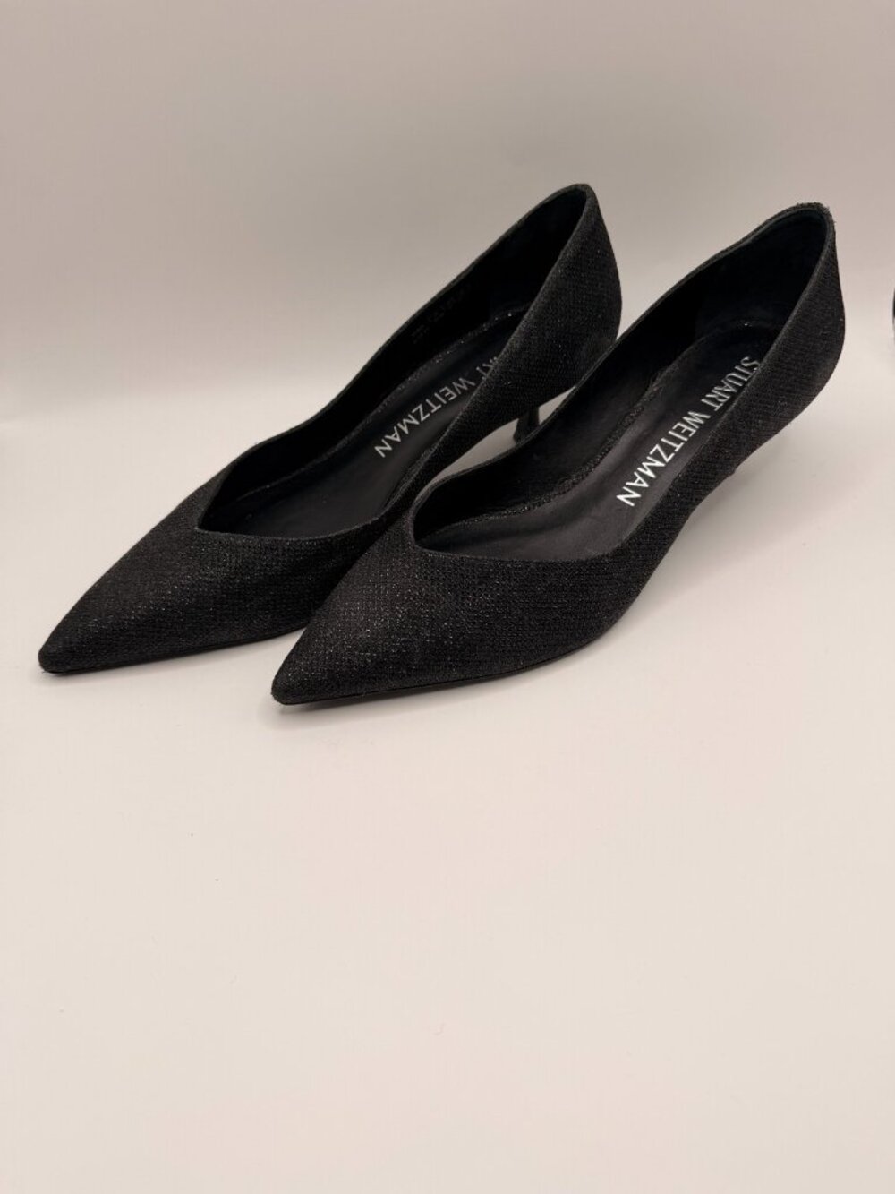 Stuart Weitzman Women Eva 50 Kitten Pump Black Shimmer Pointy Toe Heel Sz 10.5 B